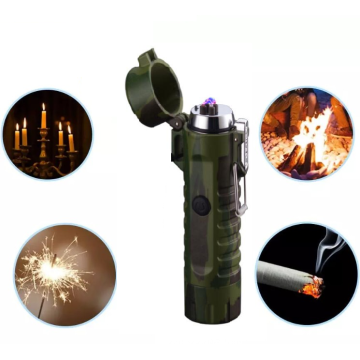 Camping Waterproof Dual Arc Lighter USB Rechargeable Windproof Flameless Electric Cigarette Lighter with LED Flashlight